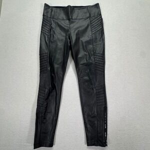 Athleta Delancey Gleam Moto Tight Black Faux Leather Leggings Large L Ankle Zip